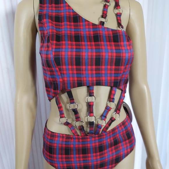 DOLLS KILL Silky Lined Red Plaid Bodysuit w Straps & O-Rings NWT Sz S - Picture 15 of 16